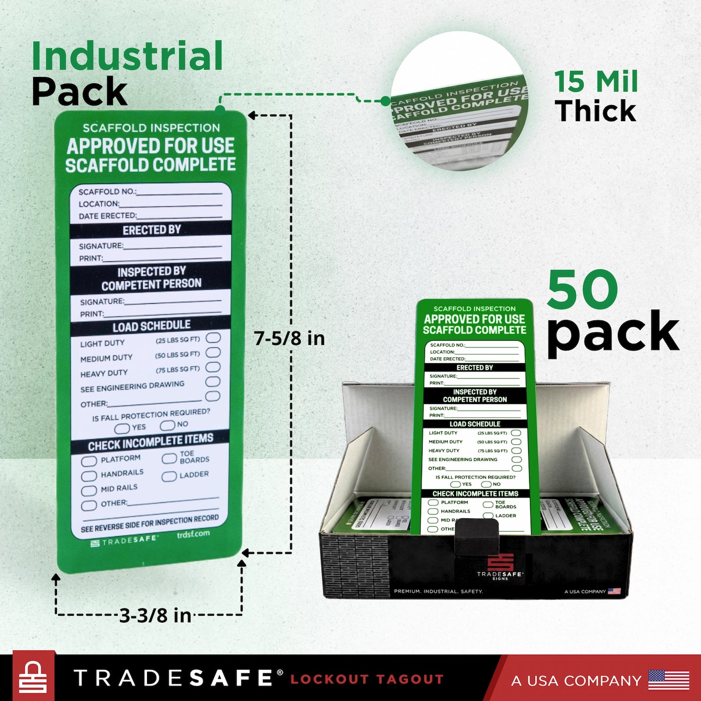 Industrial pack of Tradesafe lockout tagout approval forms, showing a 50-pack display box, dimensions of the form, a close-up of the 15 mil thick material, and branding.