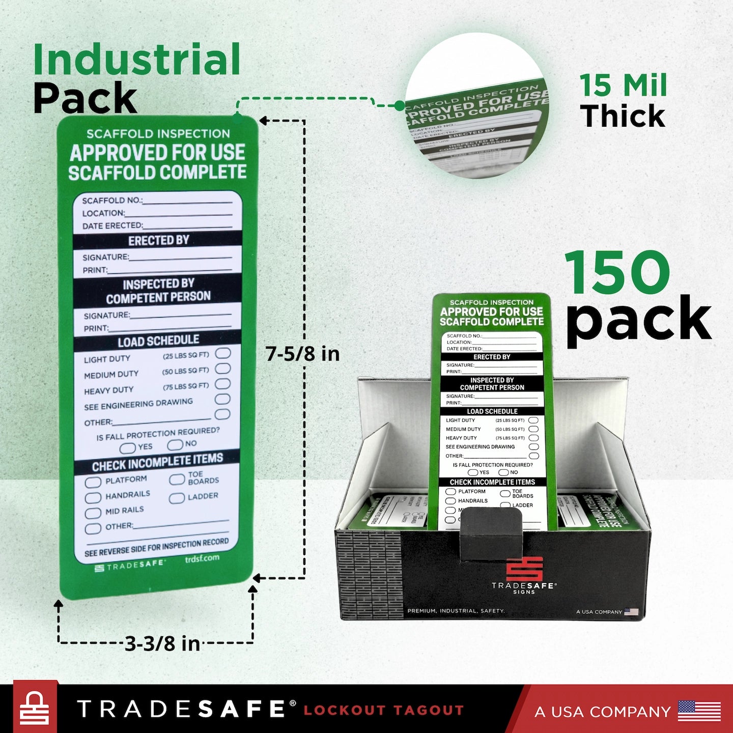 Industrial pack of Tradesafe Lockout Tagout scaffolding inspection tags, showing a single green and white tag, a stack of 150 tags, and a circular inset of the 15 mil thick material. Includes dimension labels and the Tradesafe brand banner at the bottom.