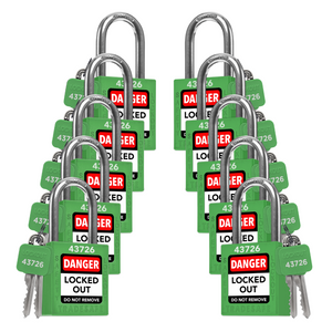 10 green loto padlocks: 2 keys each, with codes on keys and body
