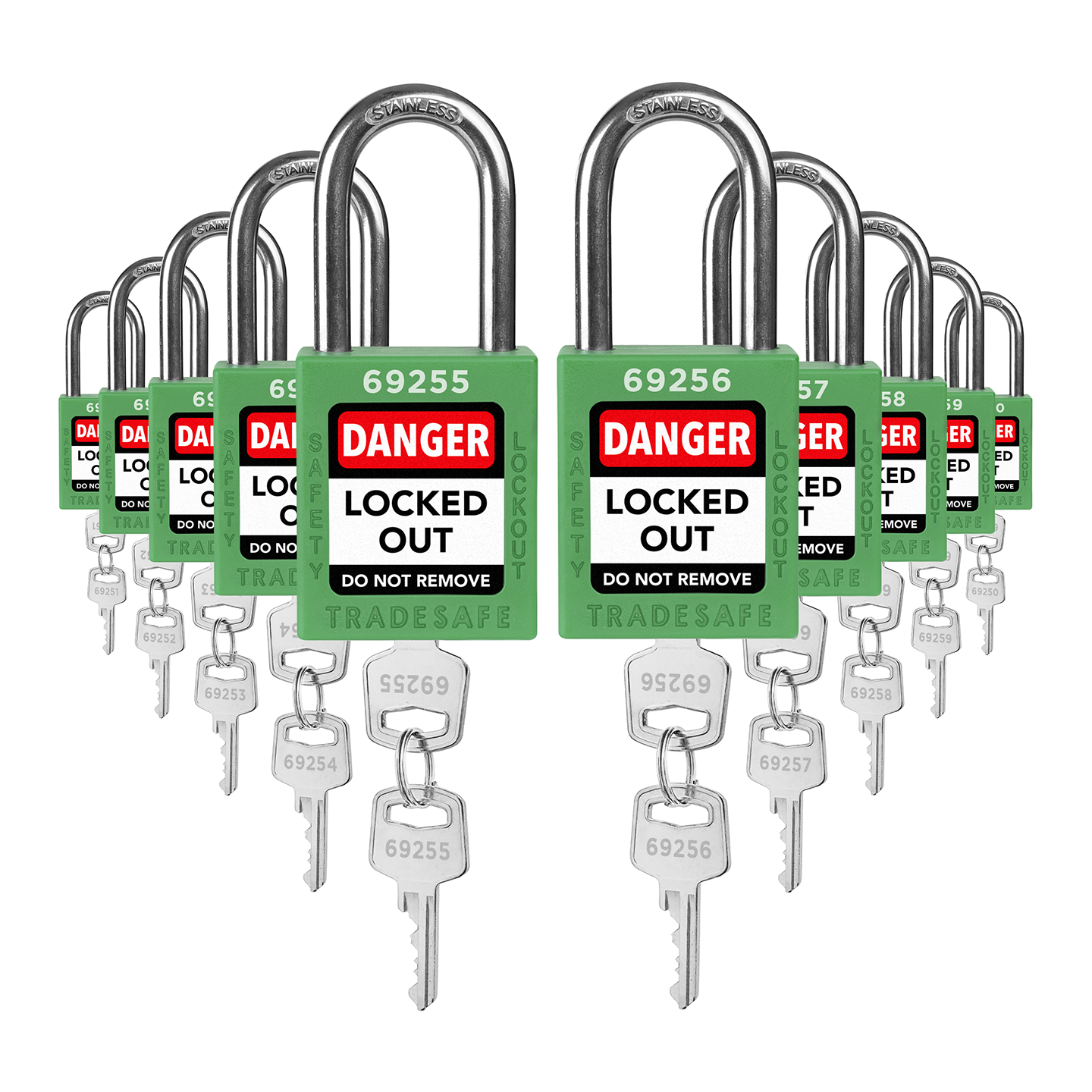 Juego de candados de bloqueo y etiquetado con diferentes llaves - 10 candados de seguridad verdes - 2 llaves por candado