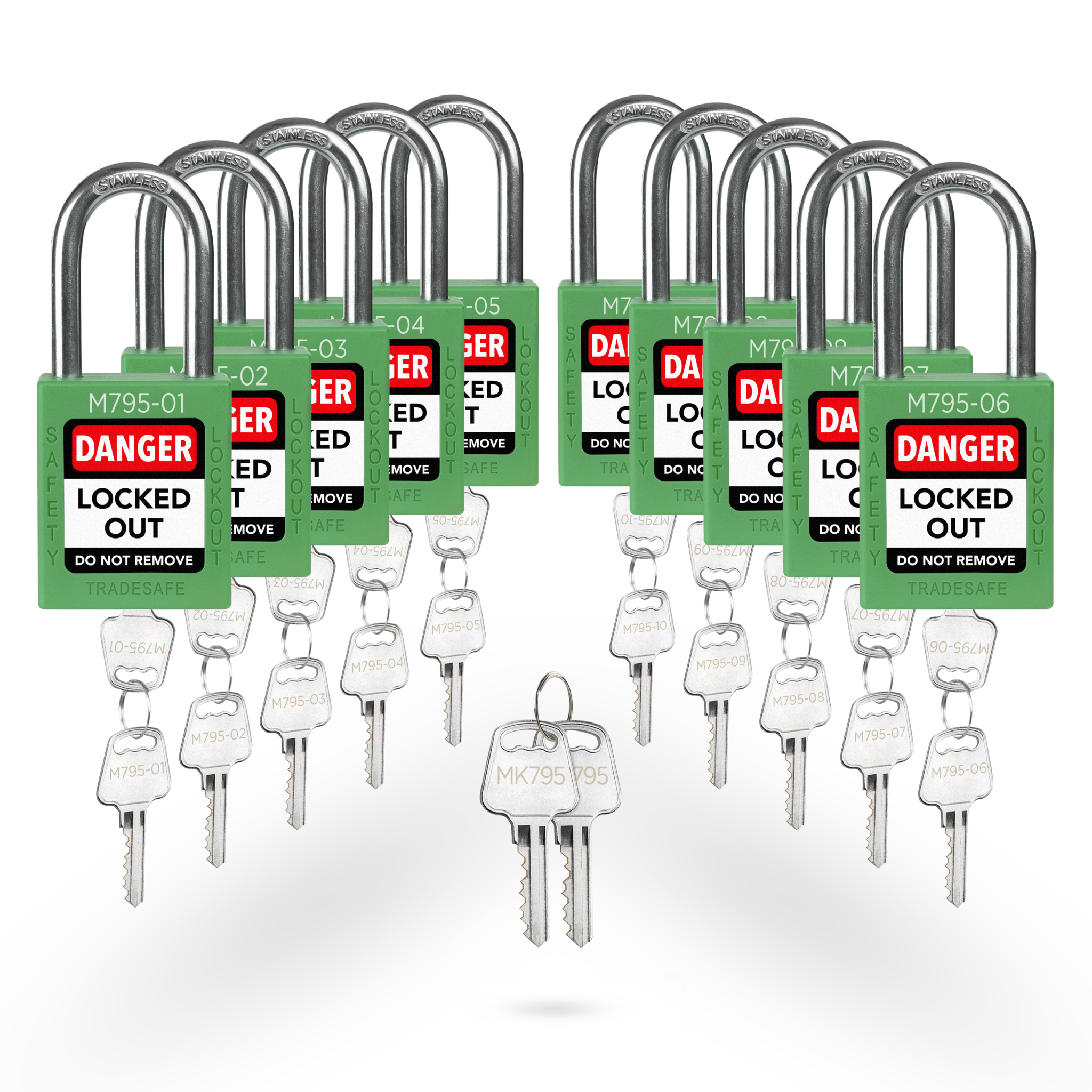 Keyed Different Lockout Locks with Master Keys - 10 Green Padlocks - 2 Keys Per Lock
