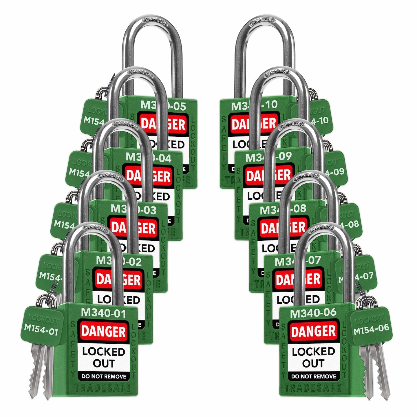 Divided Lock Key 10 Green Master Keyed Lockout Locks - Keyed Different - 2 keys | TRADESAFE