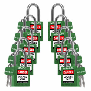 set of 10 green keyed different locks with master key