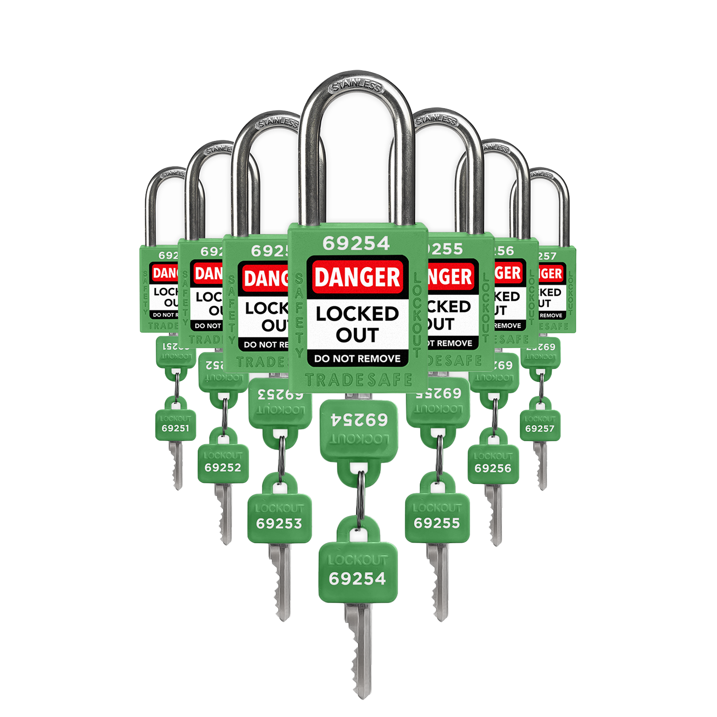 7 green loto padlocks: 2 keys each, with codes on keys and body