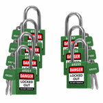 7 green loto padlocks: 2 keys each, with codes on keys and body