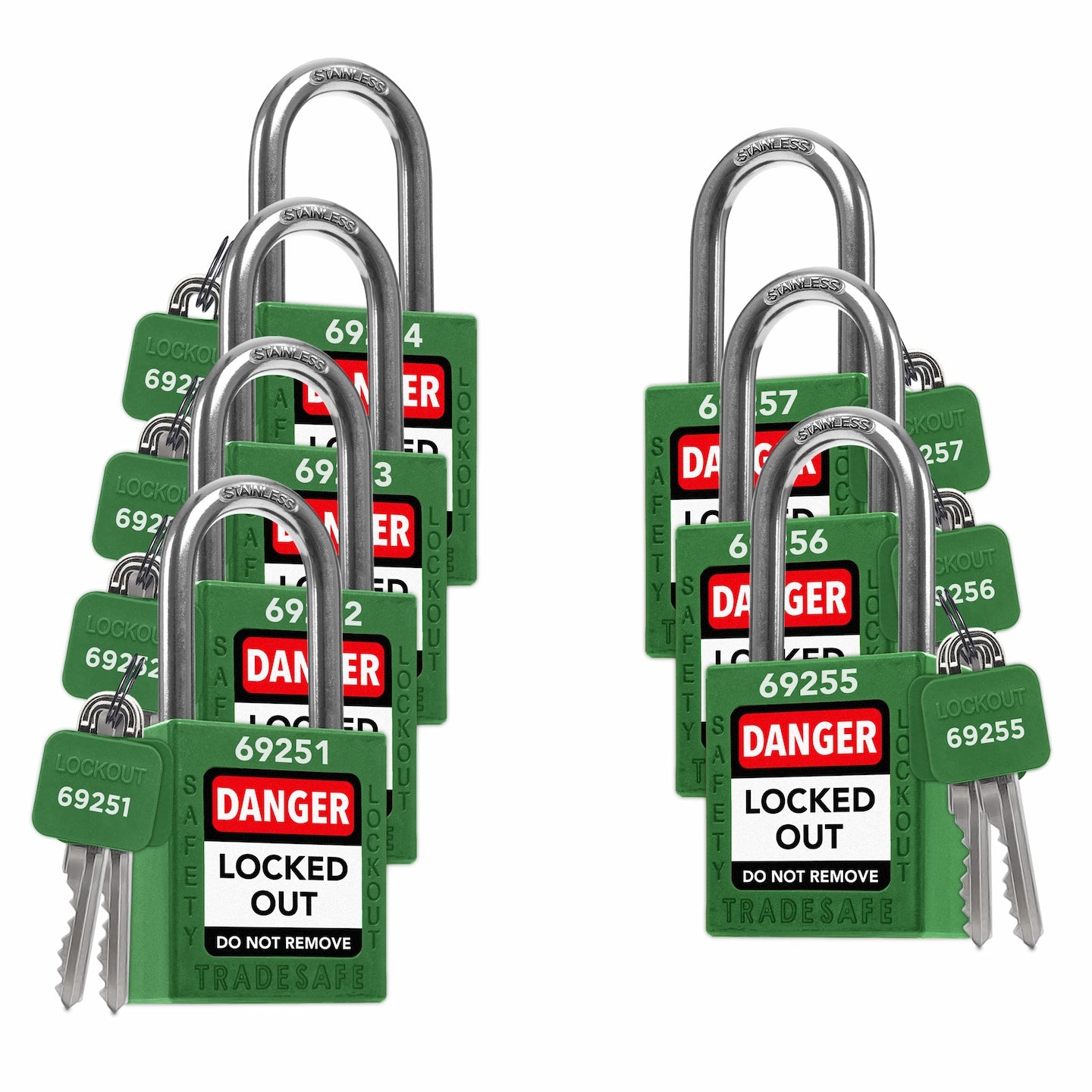 7 green loto padlocks: 2 keys each, with codes on keys and body