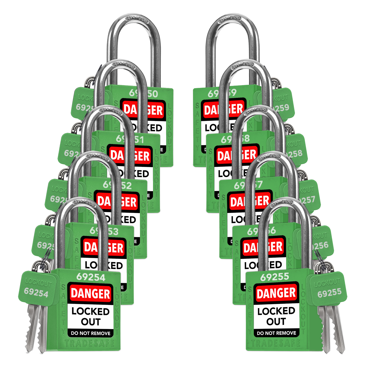 10 green loto padlocks: 2 keys each, with codes on keys and body