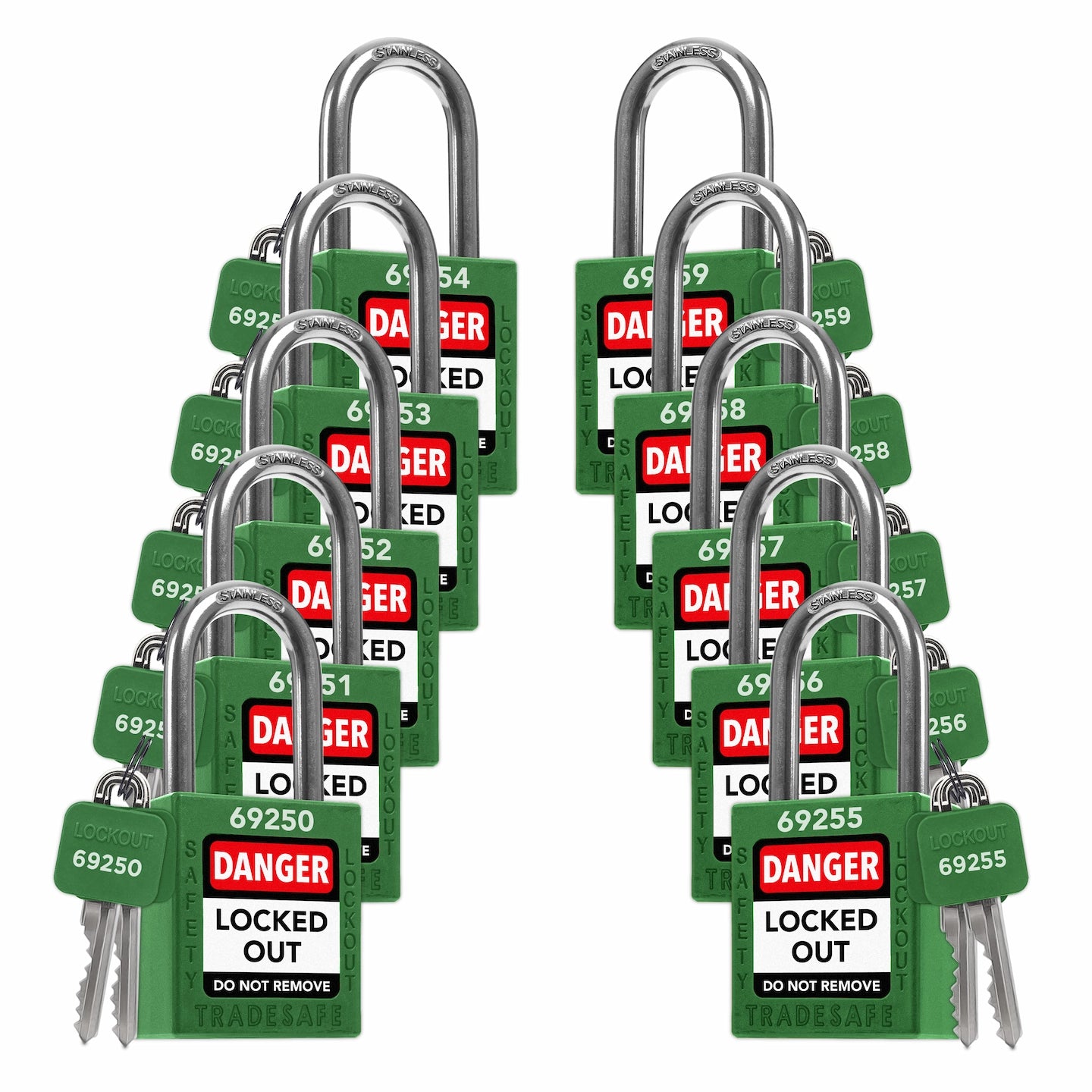 10 green loto padlocks: 2 keys each, with codes on keys and body