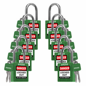 10 green loto padlocks: 2 keys each, with codes on keys and body