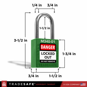 dimensions of a green keyed different master keyed lockout tagout padlock