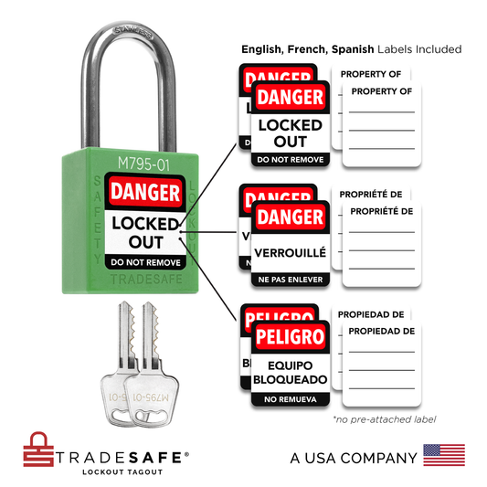 visual representation of green keyed different lock with master key including labels in three languages