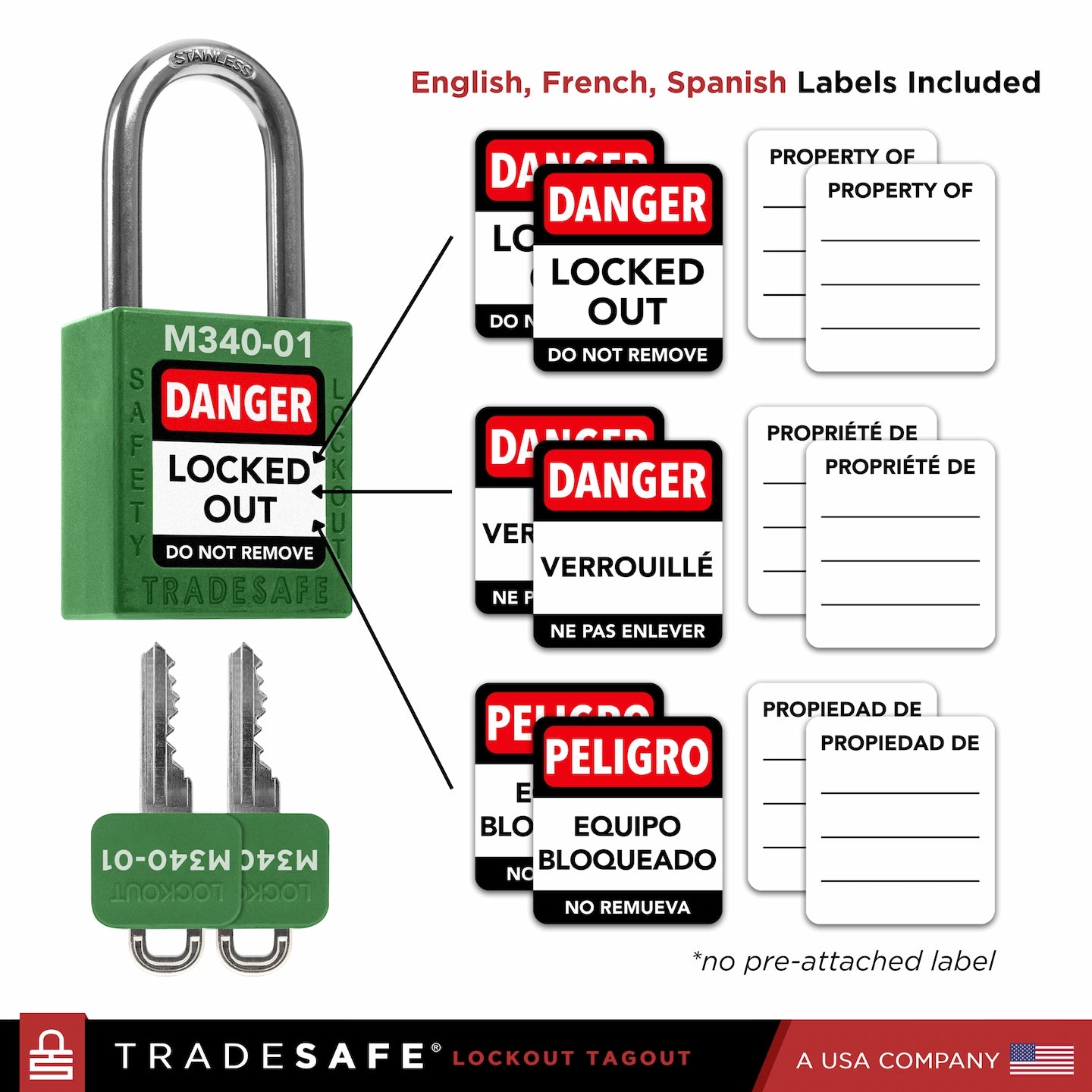 visual representation of green keyed different lock with master key including labels in three languages