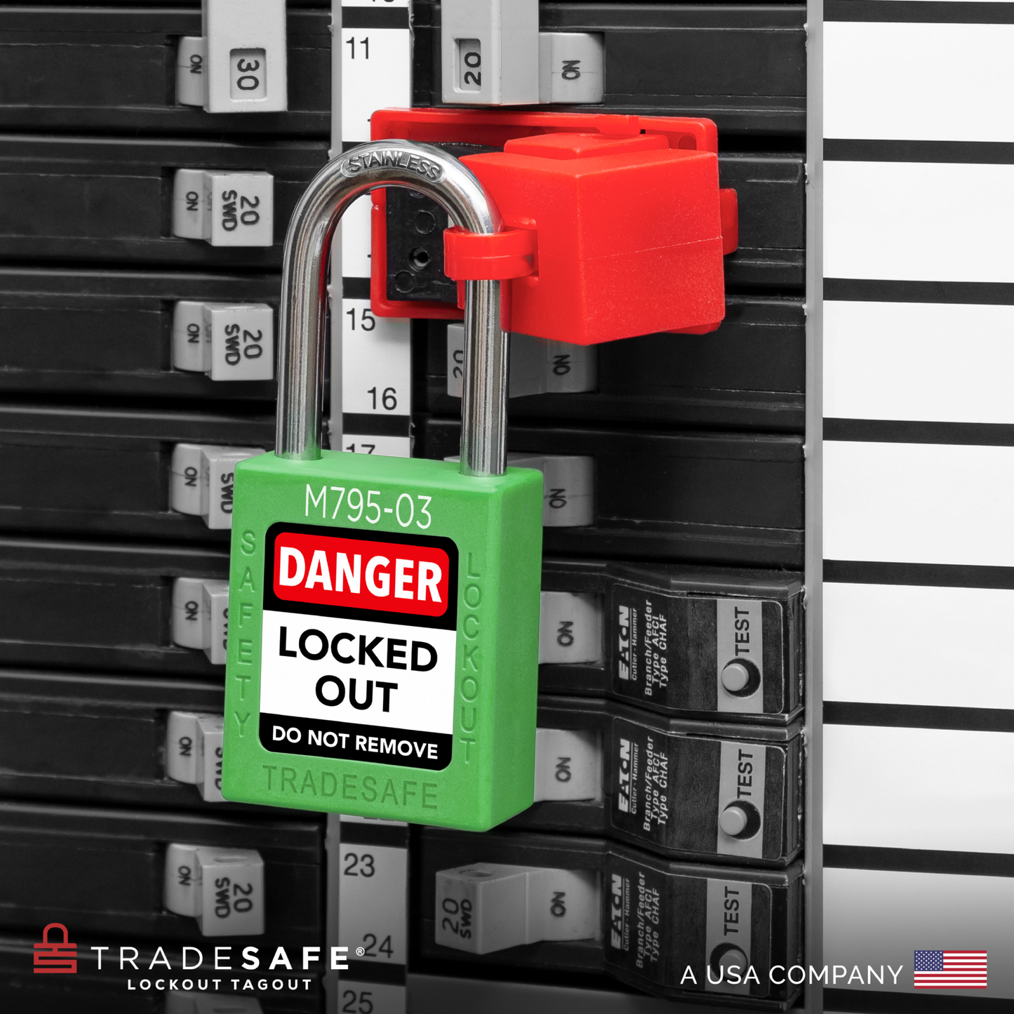 lifestyle shot of green padlock in use with clamp-on circuit breaker lock