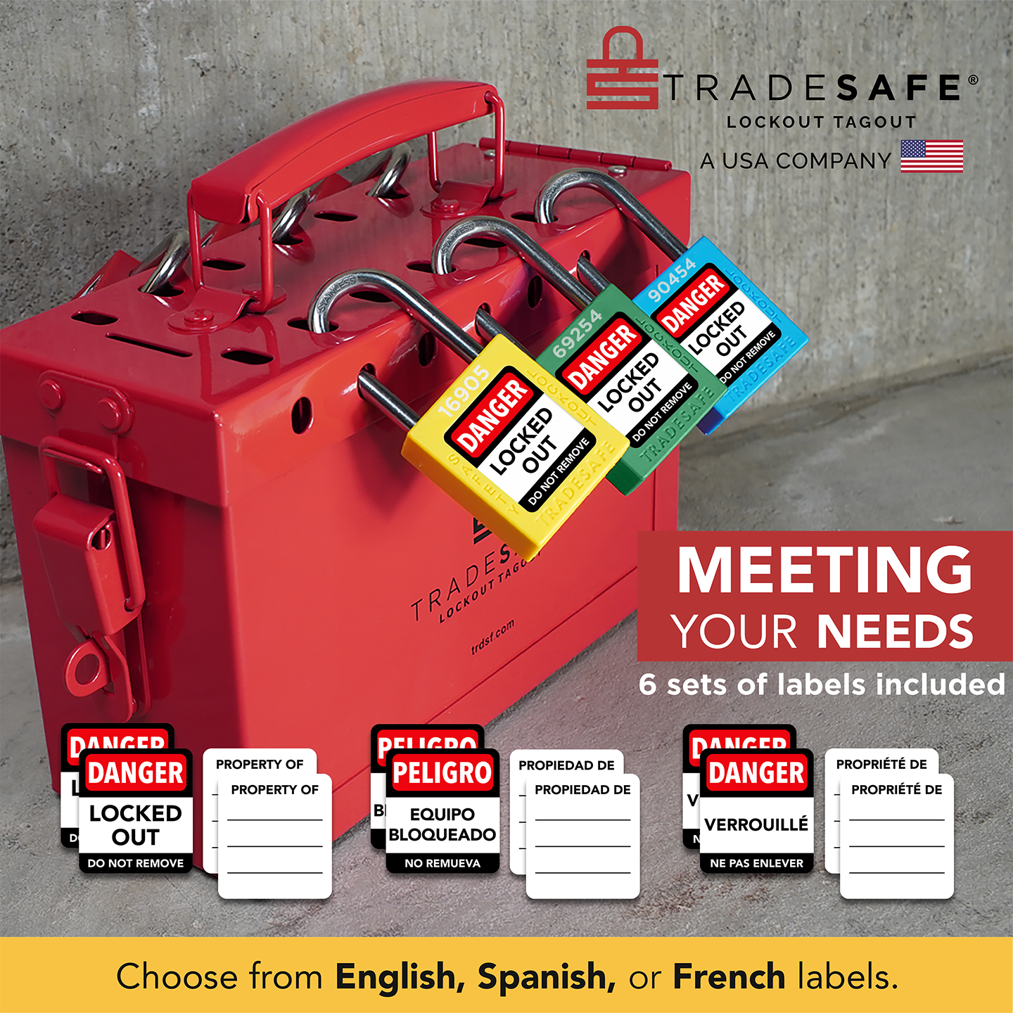 infographic: keyed different loto locks on group lockout box; 6 label sets: english, french, spanish