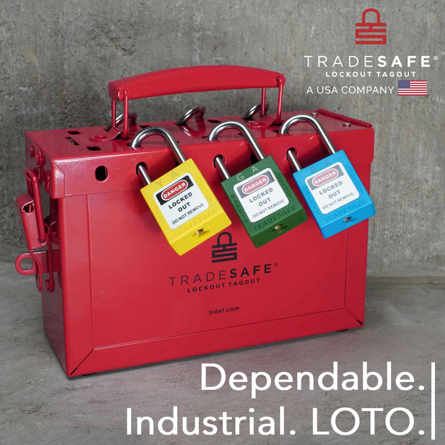 red lockout tagout box in-use with 3 padlocks on concrete background