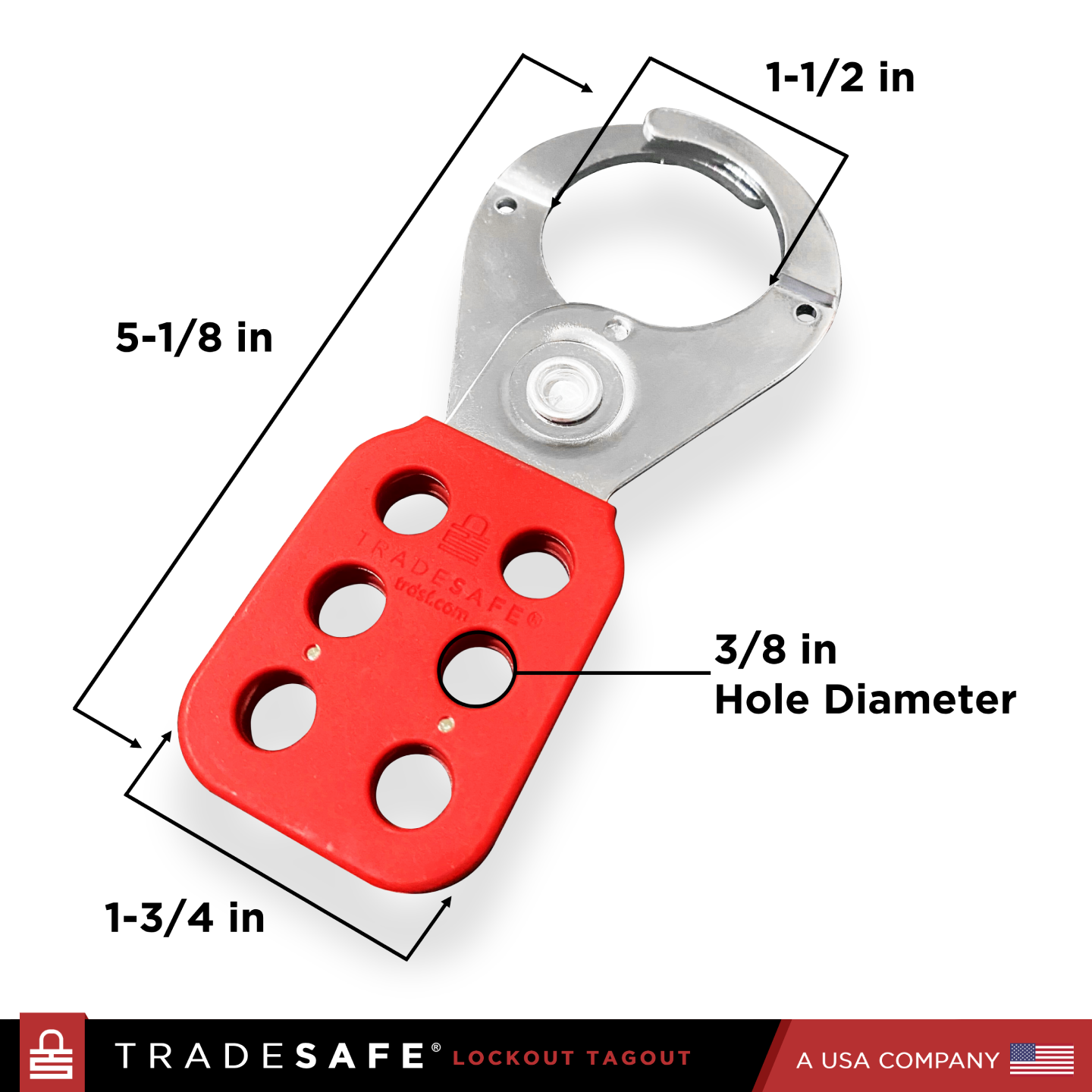 Infographic: LOTO hasp dimensions - 3/8" hole, 1-1/2" jaw, 5-1/8" length, 1-3/4" handle width