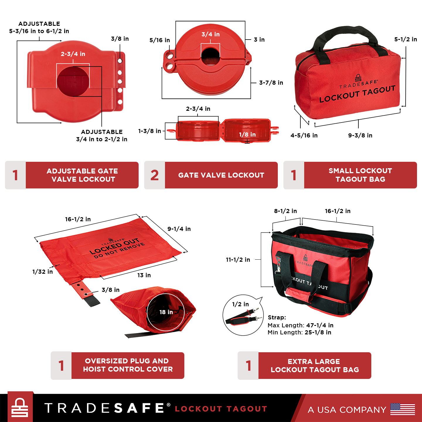 dimensions and quantities of gate valve and lockout tagout bags