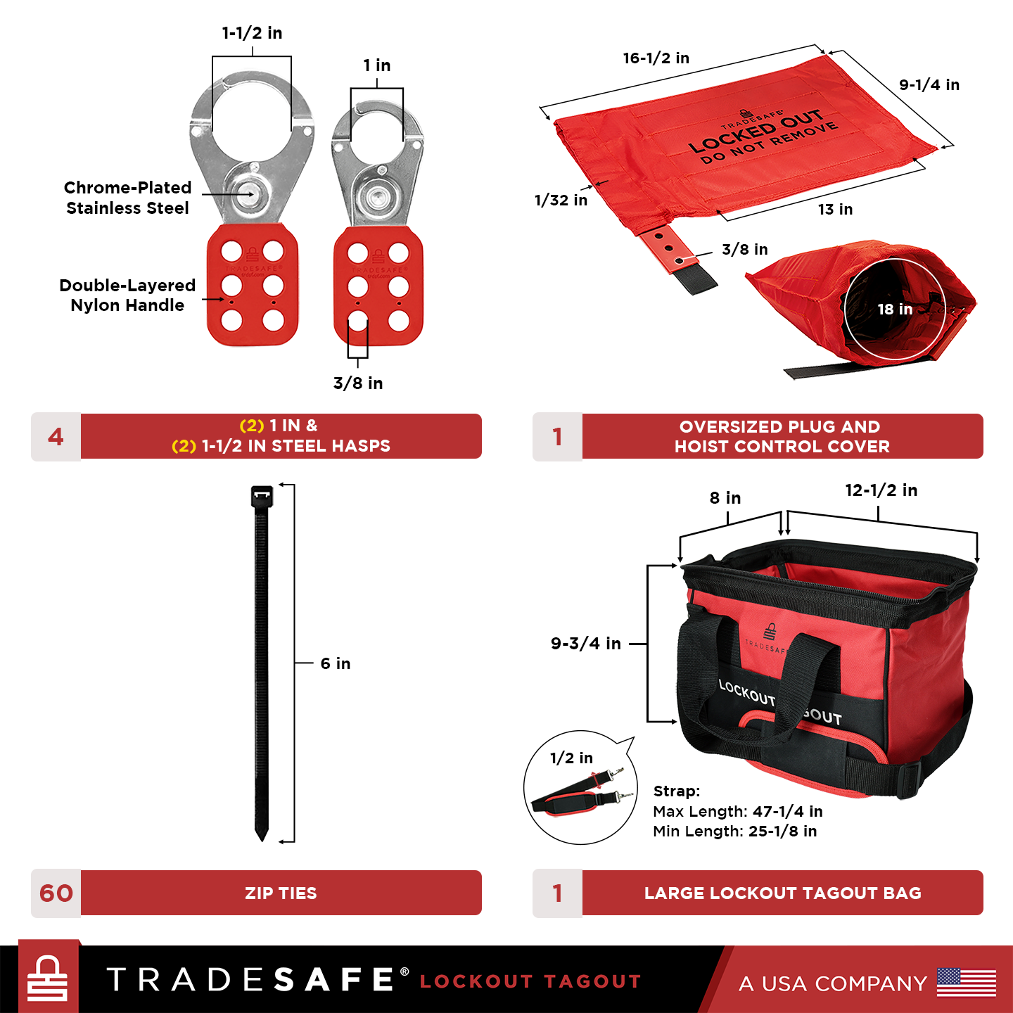 dimensions and quantities of steel hasps, tags, and lockout tagout bags