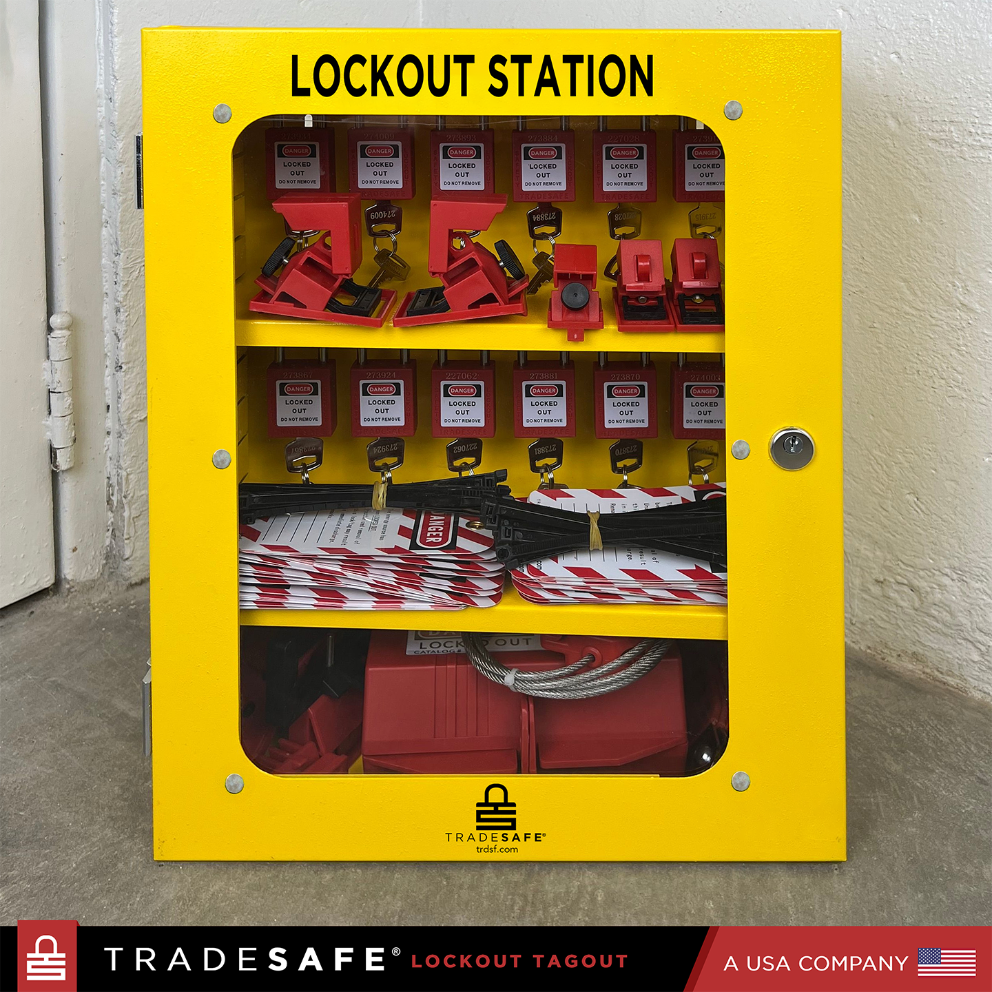 a closed yellow steel lockout station cabinet stocked with loto devices 