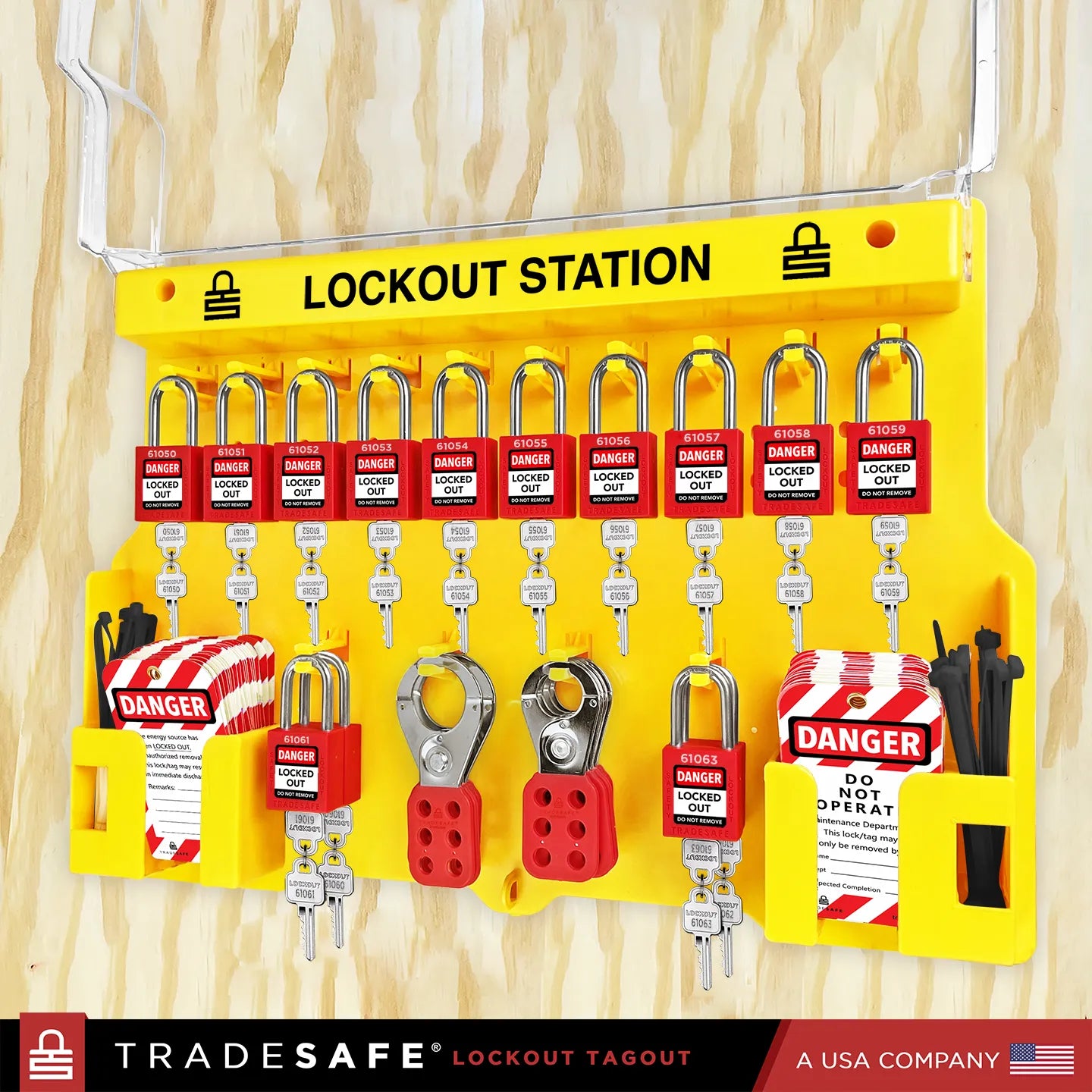 wall-mounted lockout tagout station stocked with loto devices