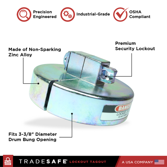 infographic: made of non-sparking zinc alloy, premium security lock, fits 3-3/8" diameter drum bung opening