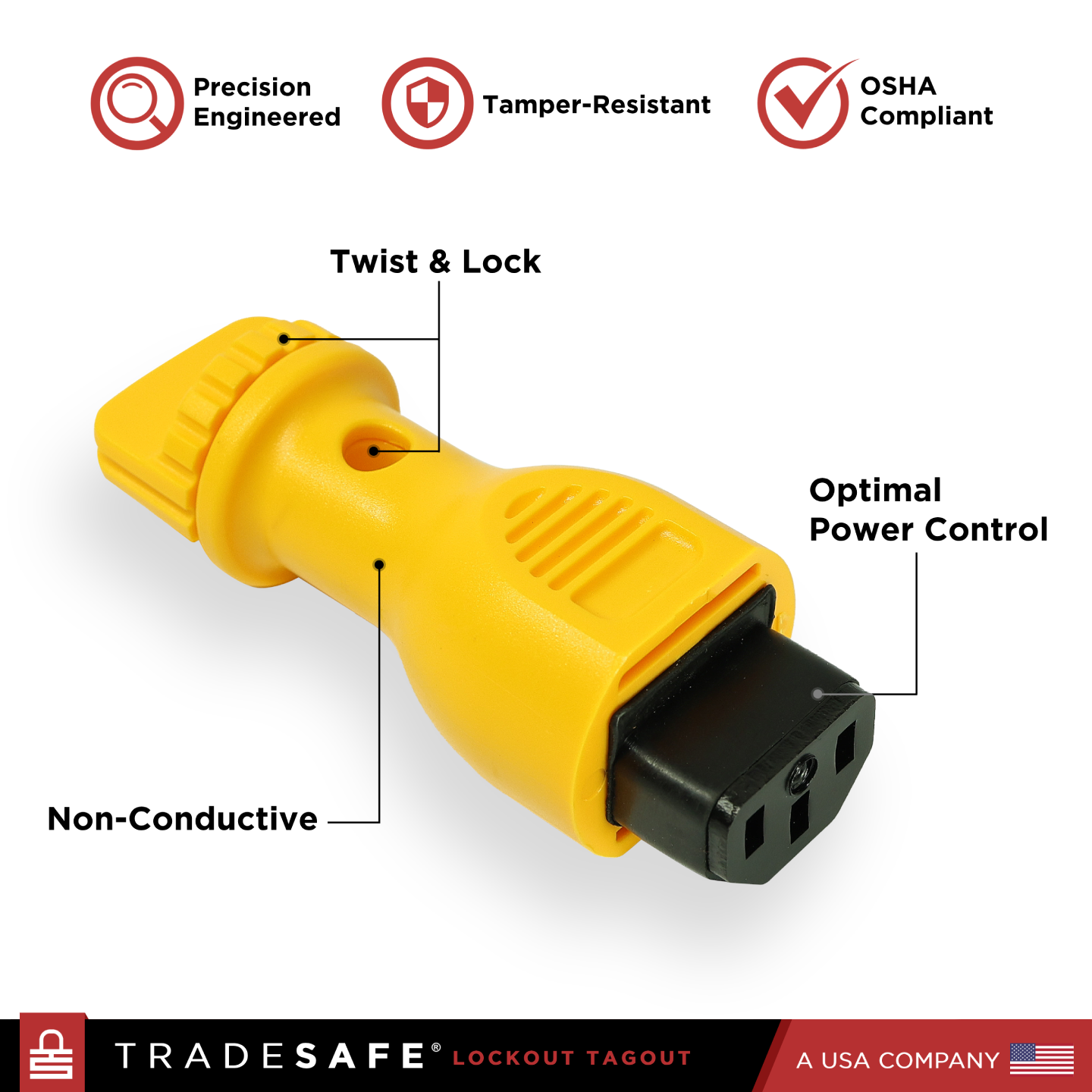 infographic: power plug lock - twist & lock, non-conductive, optimal power control