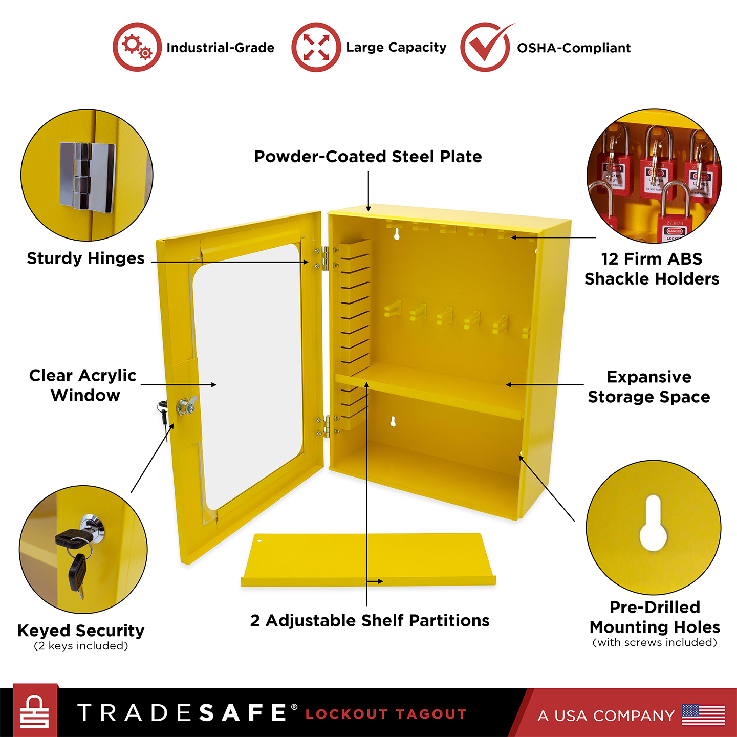 infographic of steel loto cabinet parts: expansive storage space, clear acrylic window, 2 adjustable shelf partitions