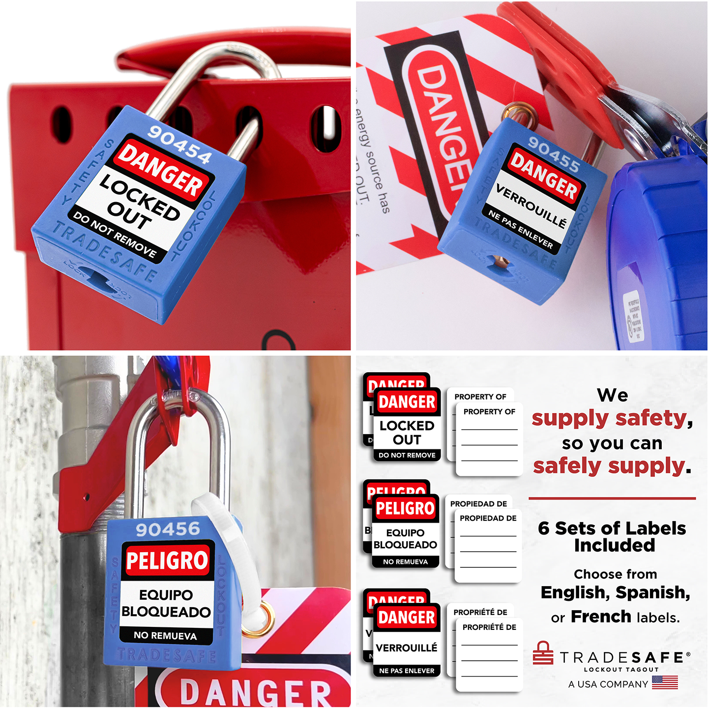 collage: 3 blue tradesafe padlocks in use, labeled in english, french, and spanish