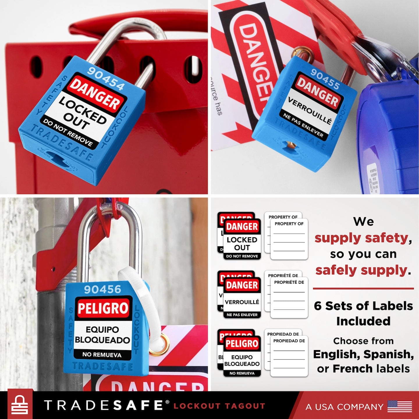 collage: 3 blue tradesafe padlocks in use, labeled in english, french, and spanish