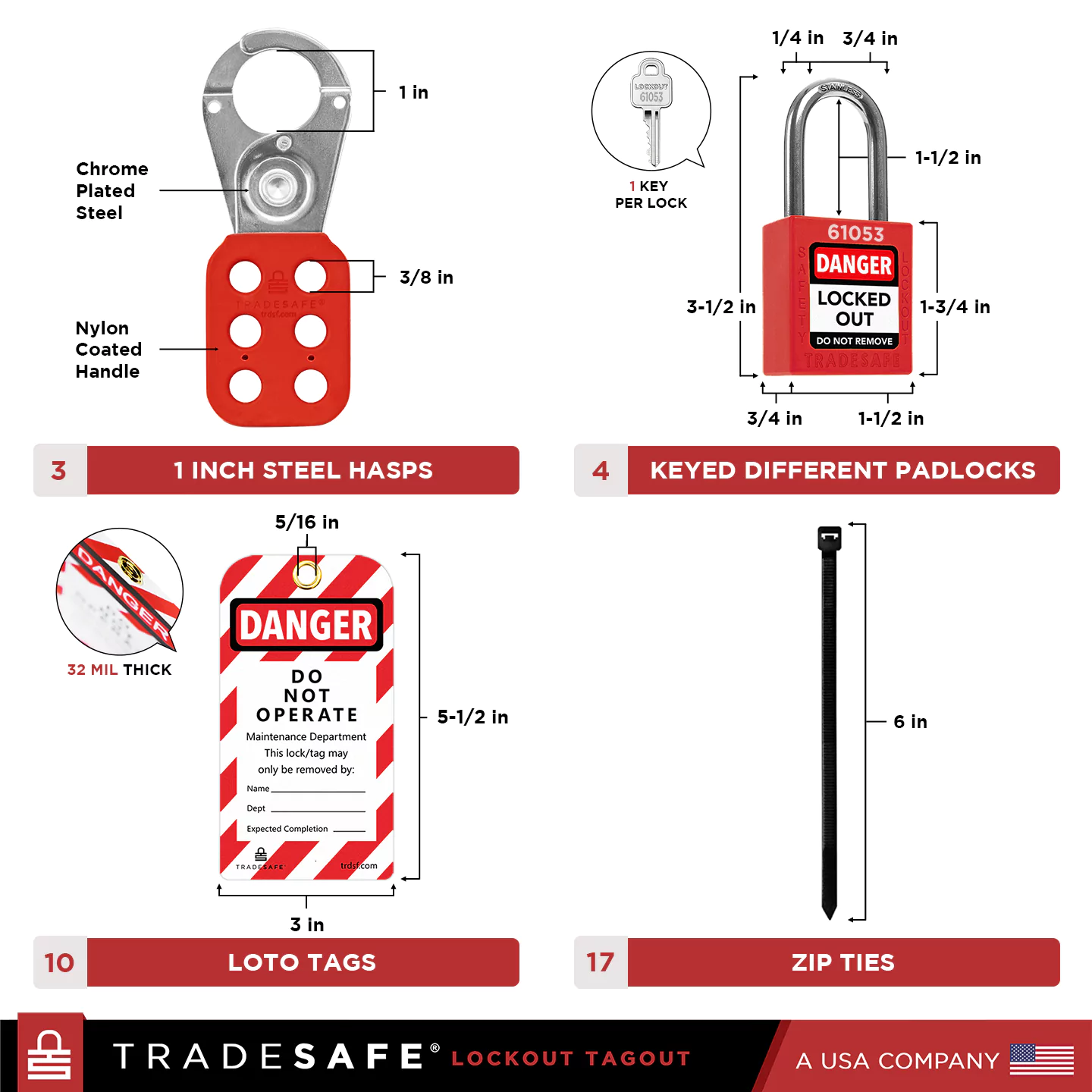 3 steel hasps, 4 padlocks, 10 loto tags, 17 zip ties, all shows product dimensions