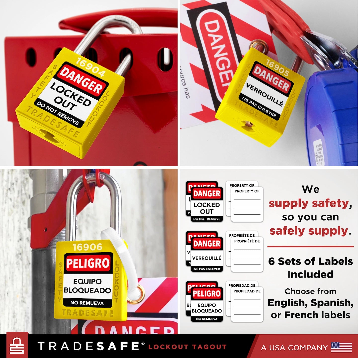collage: 3 yellow tradesafe padlocks in use, labeled in english, french, and spanish