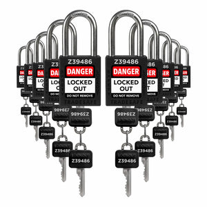 ten black loto padlocks: 2 keys each, with codes on keys and body