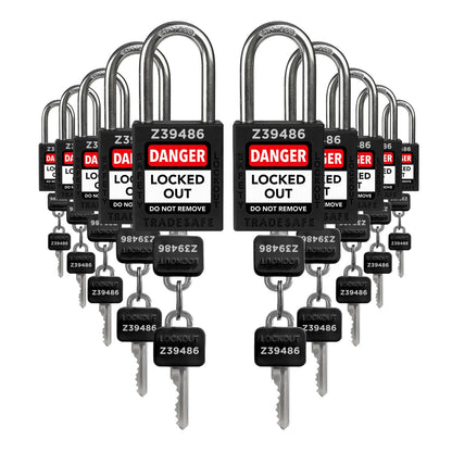 ten black loto padlocks: 2 keys each, with codes on keys and body