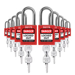 ten red loto padlocks: 2 keys each, unique five-digit code on keys and body