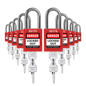 ten red loto padlocks: 2 keys each, unique five-digit code on keys and body