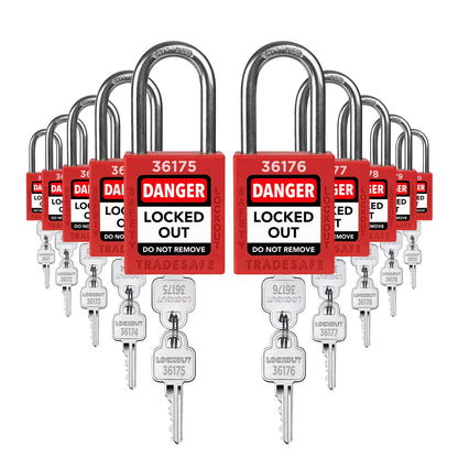 ten red loto padlocks: 2 keys each, unique five-digit code on keys and body