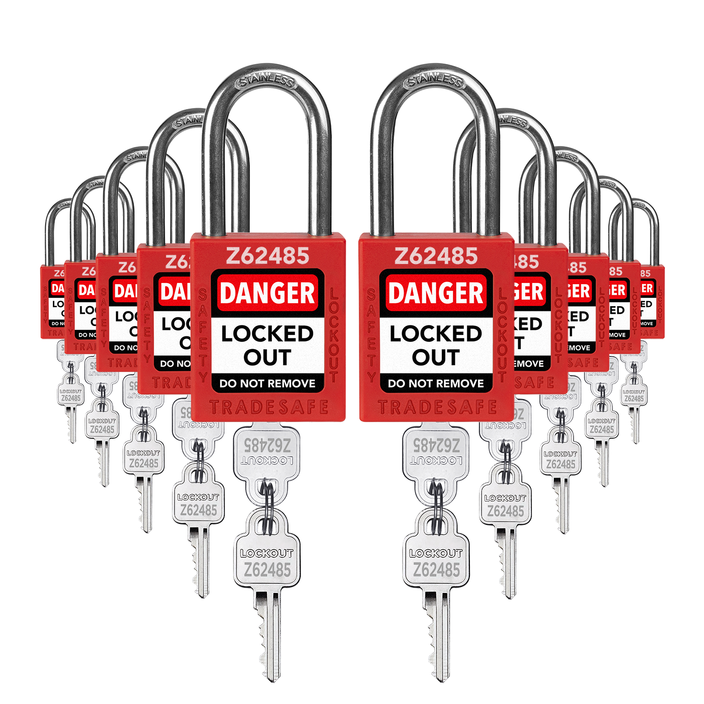 ten red loto padlocks: 2 keys each, with codes on keys and body