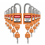 ten orange loto padlocks: 2 keys each, with codes on keys and body