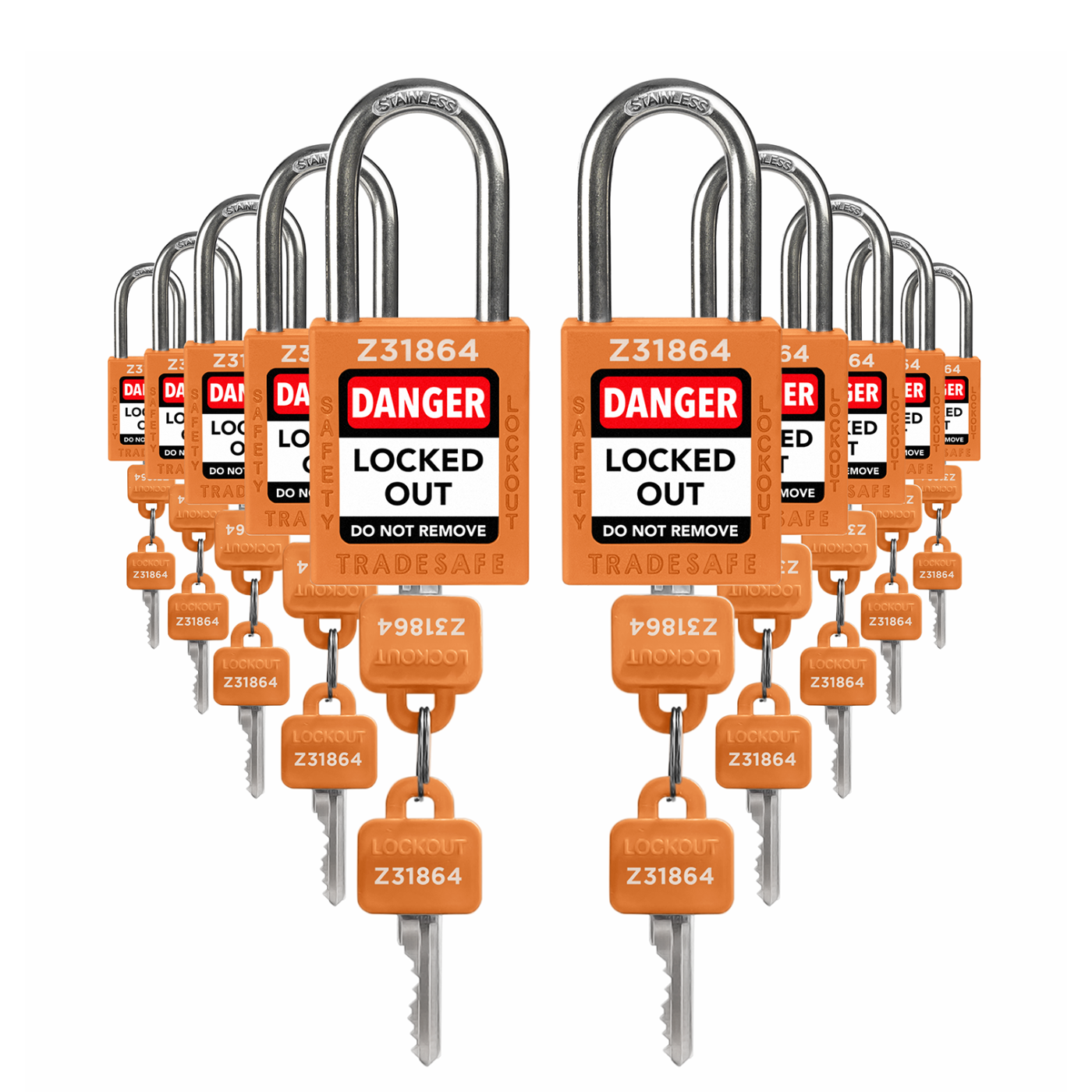 ten orange loto padlocks: 2 keys each, with codes on keys and body