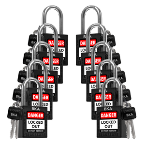 ten black loto padlocks: 2 keys each, same code on keys and body