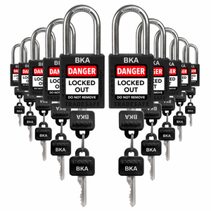 ten black loto padlocks: 2 keys each, same code on keys and body