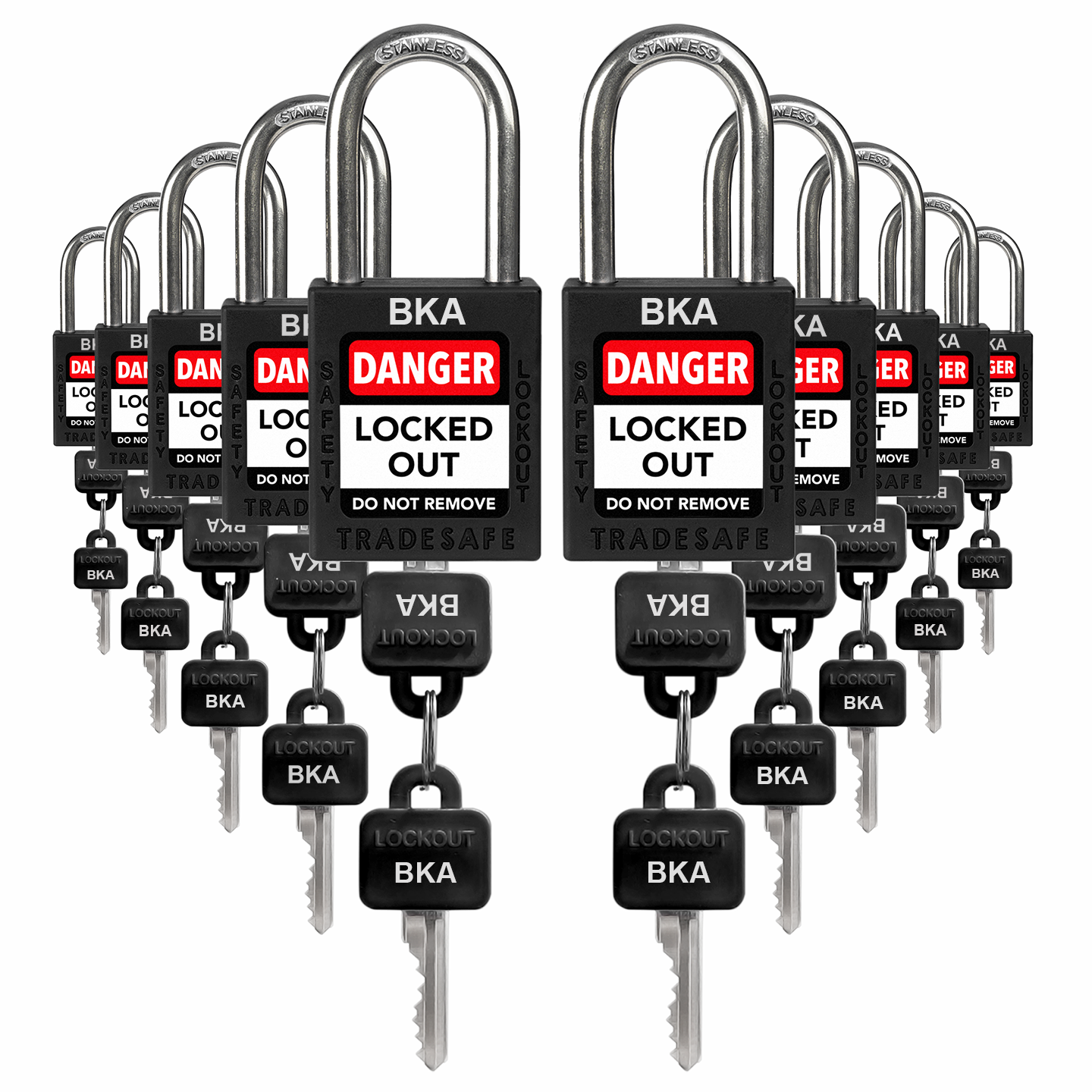 Keyed Alike Unlimited Lockout Locks - 10 Black Padlocks - 2 Keys Per Lock