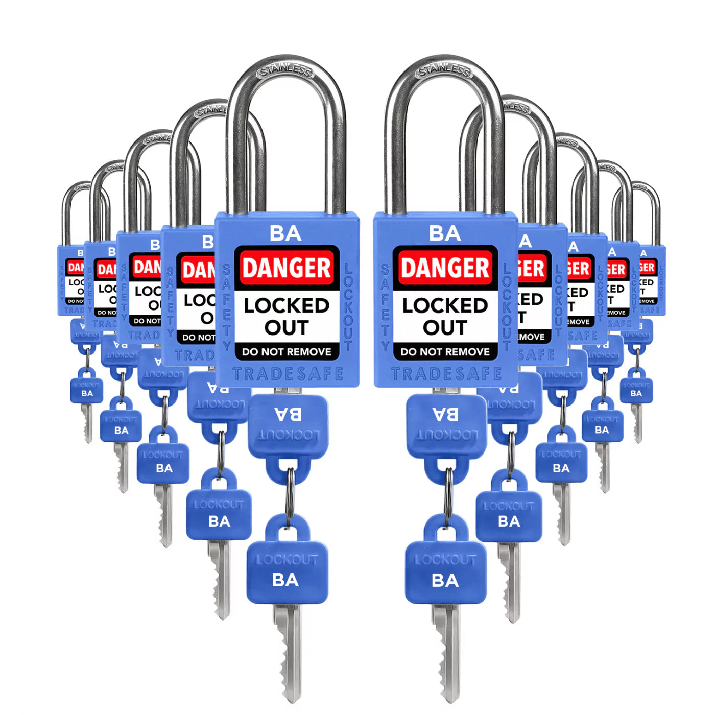 ten blue loto padlocks: 2 keys each, same code on keys and body