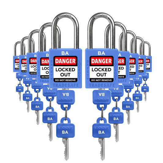 ten blue loto padlocks: 2 keys each, same code on keys and body