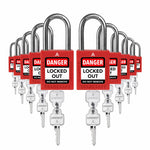 ten red loto padlocks: 2 keys each, A code on keys and body