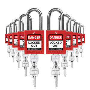 ten red loto padlocks: 2 keys each, A code on keys and body