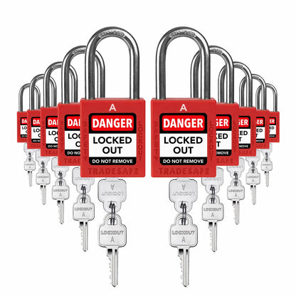 ten red loto padlocks: 2 keys each, A code on keys and body