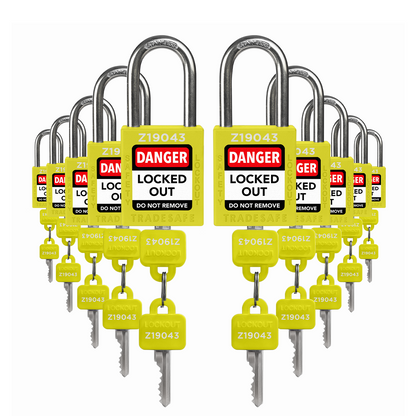 ten yellow loto padlocks: 2 keys each, with codes on keys and body