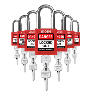 7 red loto padlocks: 2 keys each, unique five-digit code on keys and body