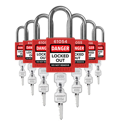 7 red loto padlocks: 2 keys each, unique five-digit code on keys and body